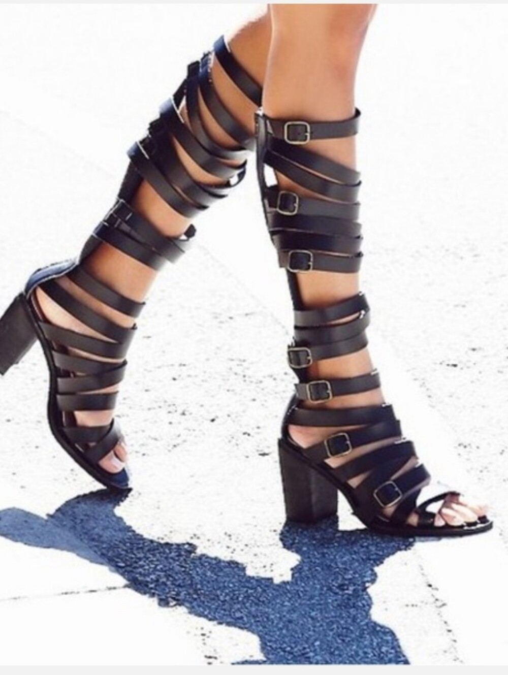 Free People X Farylrobin Black Strappy Gladiator Block Heel Sandals